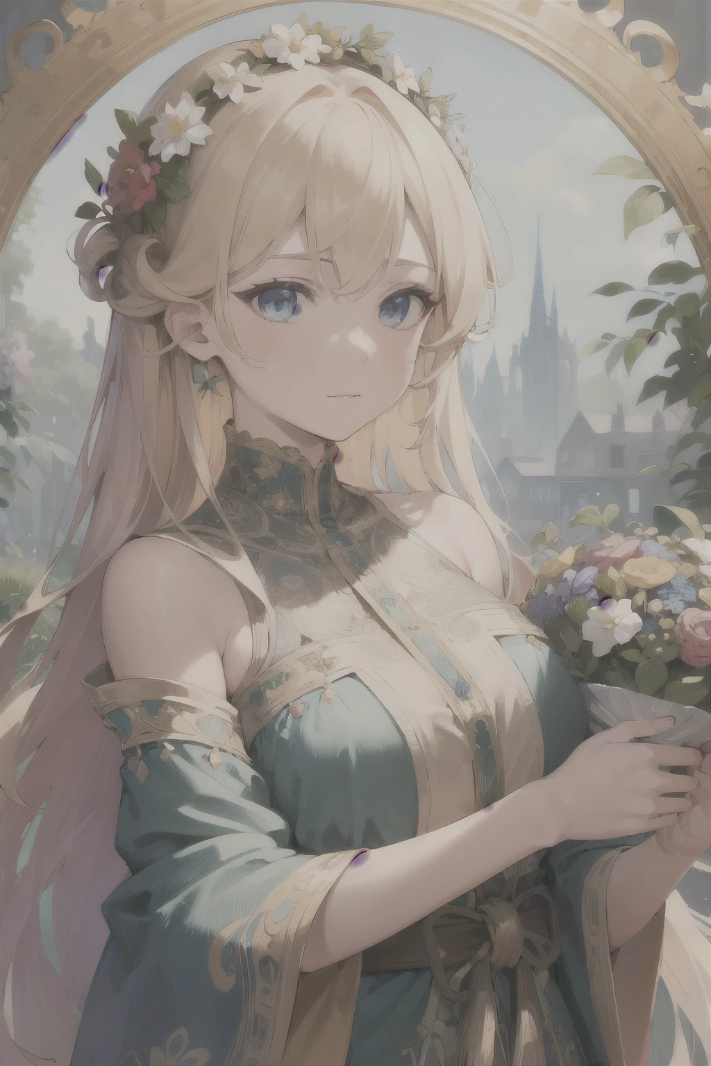 Face portrait of a European woman with long, blonde curls cascading down her shoulders. The portrait is framed by a delicate wreath of wildflowers and surrounded by decorative panels with abstract patterns in a soft, dreamlike style. (Masterpiece, Best Quality, Highres:1.4), Detailed, Intricate Details, 4K, with splashes of vibrant colors reminiscent of Alphonse Mucha's work. Emphasize the Fibonacci sequence in the composition of the portrait and decorative elements.