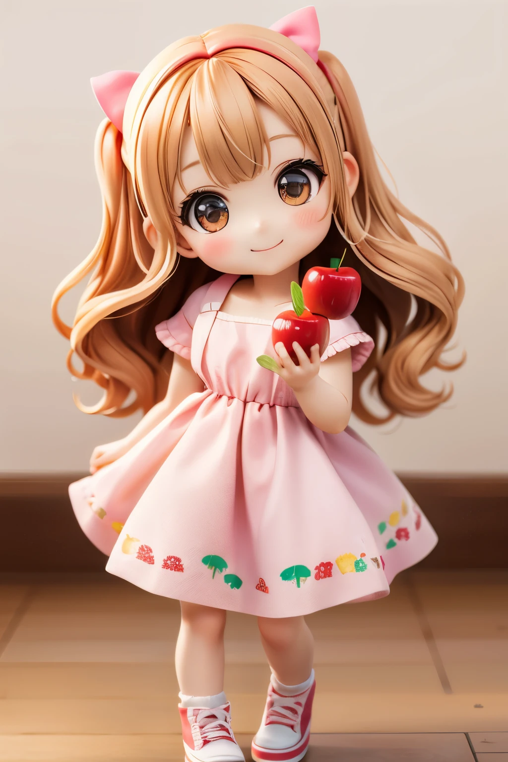 Photorealistic、Chibi Girl Doll(Apple-themed clothing、Have a magic wand、smile)