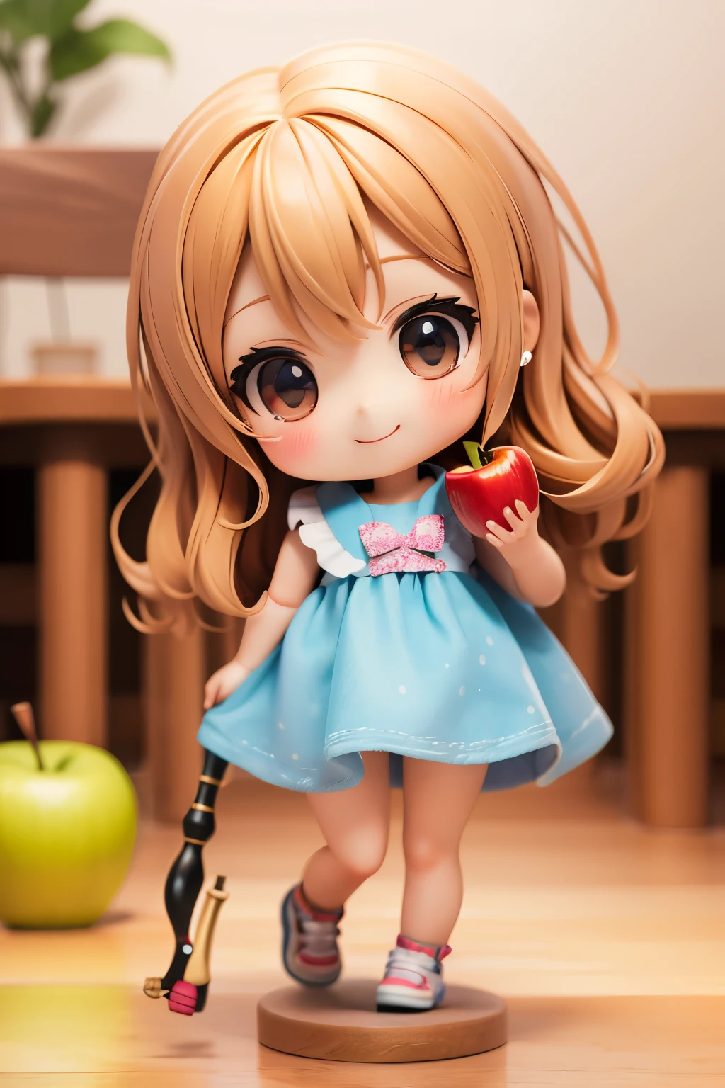 Photorealistic、Chibi Girl Doll(Apple-themed clothing、Have a magic wand、smile)
