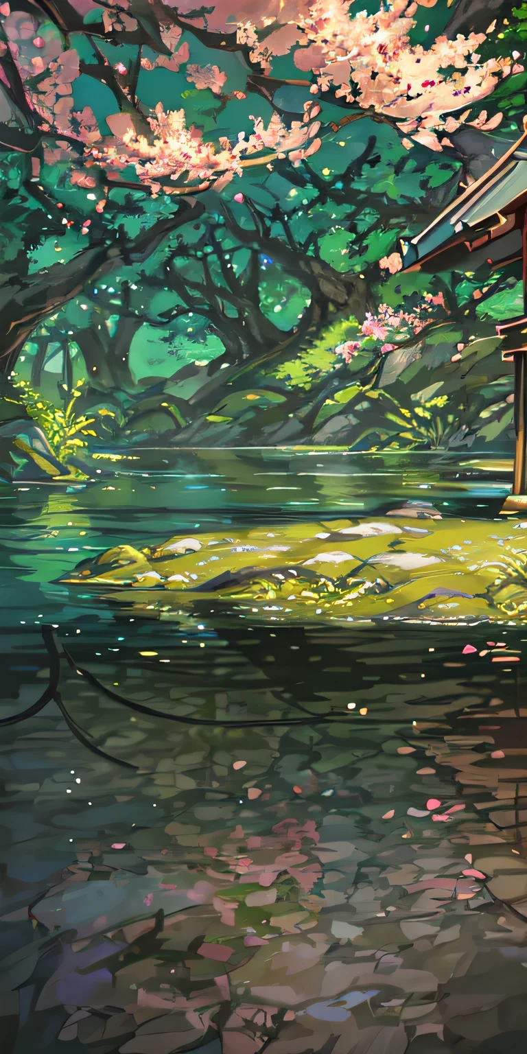 Japanese ancient times, spring, jungle, lake, cave, waterfall, tree, meadow, rock, deer, hot spring, water vapor, (illustration: 1.0), epic composition, realistic lighting, HD details, masterpiece, best quality, (very detailed CG unified 8k wallpaper)