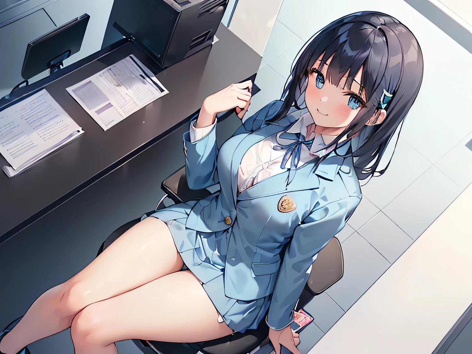 (Masterpiece, highest quality, high resolution, realistic photos, realistic looking skin:1.1),
(The woman is sitting on a mesh chair inside the reception counter of the company's general reception center, serving customers:1.8),
(She is looking at the viewer from slightly above the front, so you can see her panties: 1.8),
(She has a smiling expression: 1.5),
(She is wearing a white collared shirt, a light blue blazer and a mini-skirt of the same light blue color: 1.5),
(She wears a ribbon around her neck and a name plate on her left breast:1.5),
(She is a receptionist, so all her shirts and blazers are buttoned up: 1.8),
(She is wearing pumps: 1.5),
(Panties are white glossy material:1.5),
(She has medium black hair: 1.5),
(The location is inside the reception counter of the company's general reception center:1.5),
1 Japanese girl, solo, full bodied esbian, beautiful eyes, glowing eyes, glowing thighs, NSFW