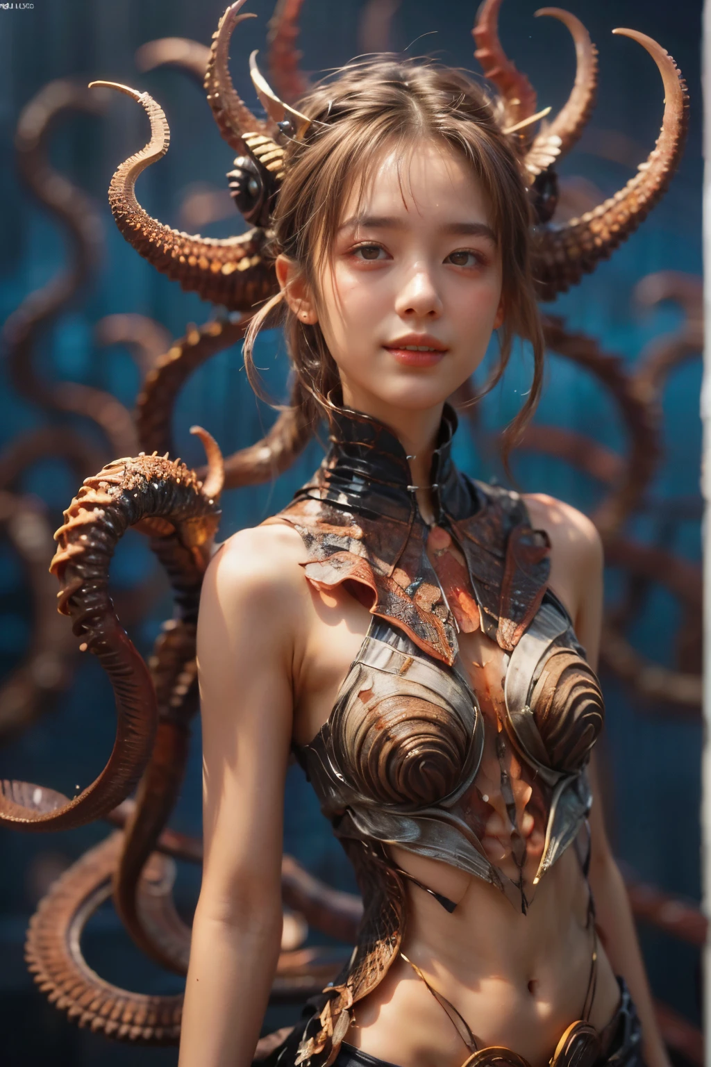 scary and sexy detailed art in color, Portrait, (beautiful and obscene female alien:1.4), (vulgarity1.5), (she has red eyes with no pupils:1.8), (Translucent skin:1.7), (There is a female genital-like organ in the middle of the forehead:1.9), (The most beautiful face in the history of the universe:1.2),an evil gaze that seduces, (large mouth:1.1), (sharp teeth like a vampire:1.2), Full body portrait, (bio luminescent:1.5), (Smile wickedly:1.3), (sexypose:1.5), alien, No humans, cells are fused, (Lots of translucent tentacles:1.3) extraterrestrial, cell, bio image, best quality, 8K,In 4K_quality, High freshness, Dramatic Lighting, masutepiece:1.5,cinematic quality, detail up, (exquisite details:1.2), high resolution, High freshness, drawing faithfully, (Thick eyebrows:1.2), Beautiful eyes with fine symmetry,(Highly detailed face and eyes:1.2), Intimate face, (Super detailed skin quality feeling:1.4), perfect anatomy, (Beautiful toned body:1.5), (Moist skin:1.2), not wearing makeup, (dark circles:1.1), long canines, cinematic drawing of characters, ultra high quality model, cinematic quality, detail up, (exquisite details:1.2), high resolution, High freshness, drawing faithfully, official art, Unity 8K Wall , 8K Portrait, best quality, Very high resolution, ultra detailed artistic photography, midnight aura, unreal engine 5, Ultra Sharp Focus, best quality, masterpiece, ultra high resolution, (photos realistic:1.4), ultra realistic realism, dream-like, nautilus, Creation of fantasy, Snail, Dream Snail, (biopunk nautilus:1.3),Thrilling color schemes, ultra realistic realism, seductively smiling, Blue tentacles,
