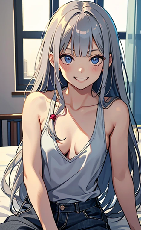 (masterpiece:1.4、top-quality、illustration:,realistic、)、(character focus、,upper body:1.3)、(1girl),(grin:1.3),(exact limbs:1.4),cute face,blue eyes、(tareme:1.3)、(),
(),(sit on the bed:1.4),、
(grey hair),(long hair:1.5)、
,(her room:1.3),(casual fashion:1.5),
(blunt bangs),(sidelocks:1.3), (small breasts:1.2)、
、slender、
