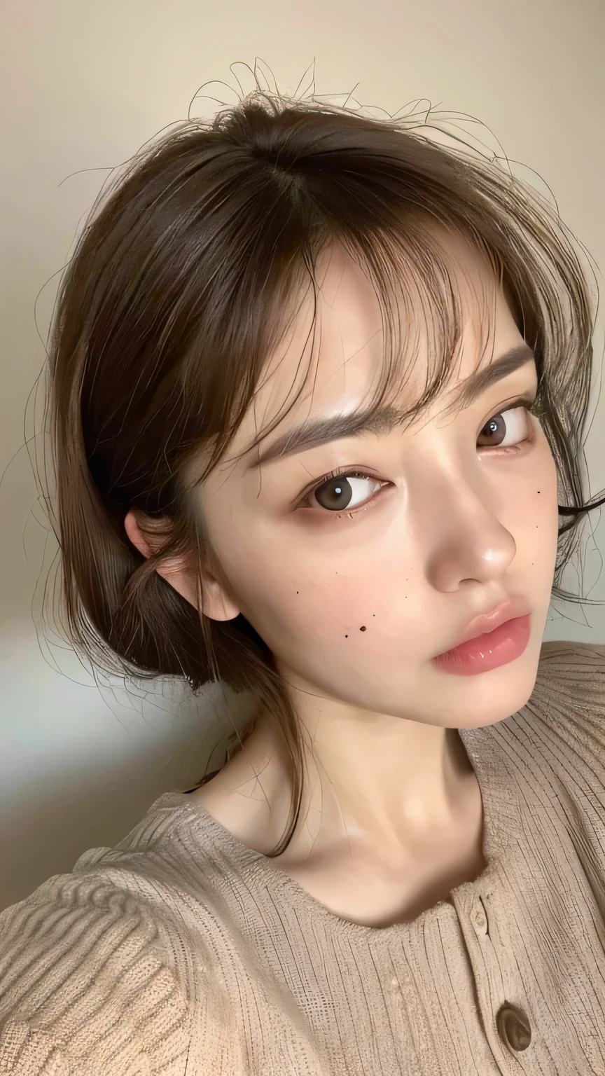 ((highest quality, 8k, masterpiece: 1.3)), 1 female, Japanese Mature,Sensual beauty: 1.3, (Hair style Brown hair Medium wave, big: 1.2), Nightwear: 1.1, Super slender face, Delicate eyes, double eyelid, (((Surprised expression,)))Mole, Home,Plump body,very thick legs,Shot from directly above,I&#39;m surprised with my mouth open,