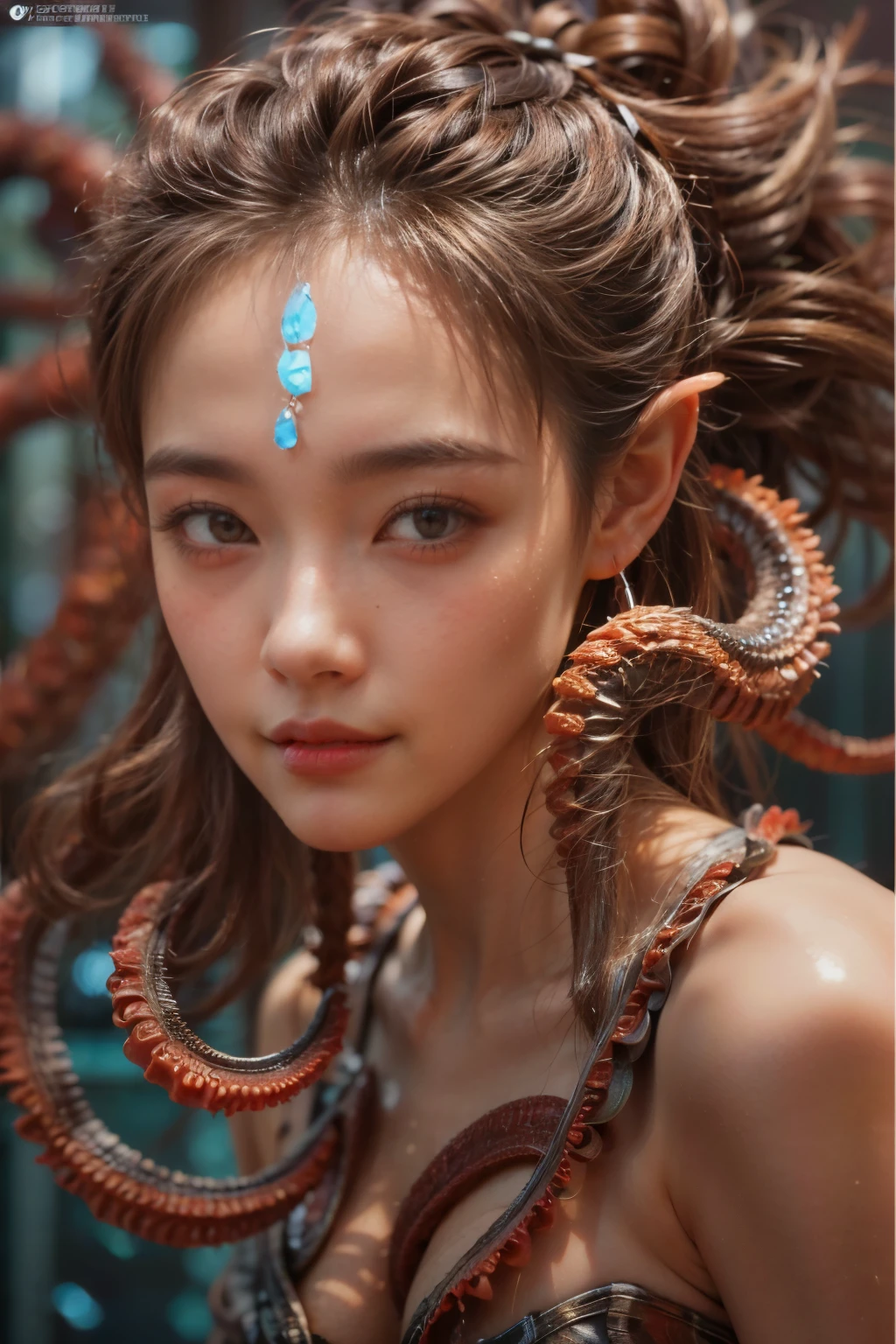 scary and sexy detailed art in color, Portrait, (beautiful and obscene female alien:1.4), (vulgarity1.5), (she has red eyes with no pupils:1.8), (Translucent skin:1.7), (There is a female genital-like organ in the middle of the forehead:1.9), (The most beautiful face in the history of the universe:1.2),an evil gaze that seduces, (large mouth:1.1), (sharp teeth like a vampire:1.2), Full body portrait, (bio luminescent:1.5), (Smile wickedly:1.3), (sexypose:1.5), alien, No humans, cells are fused, (Lots of translucent tentacles:1.3) extraterrestrial, cell, bio image, best quality, 8K,In 4K_quality, High freshness, Dramatic Lighting, masutepiece:1.5,cinematic quality, detail up, (exquisite details:1.2), high resolution, High freshness, drawing faithfully, (Thick eyebrows:1.2), Beautiful eyes with fine symmetry,(Highly detailed face and eyes:1.2), Intimate face, (Super detailed skin quality feeling:1.4), perfect anatomy, (Beautiful toned body:1.5), (Moist skin:1.2), not wearing makeup, (dark circles:1.1), long canines, cinematic drawing of characters, ultra high quality model, cinematic quality, detail up, (exquisite details:1.2), high resolution, High freshness, drawing faithfully, official art, Unity 8K Wall , 8K Portrait, best quality, Very high resolution, ultra detailed artistic photography, midnight aura, unreal engine 5, Ultra Sharp Focus, best quality, masterpiece, ultra high resolution, (photos realistic:1.4), ultra realistic realism, dream-like, nautilus, Creation of fantasy, Snail, Dream Snail, (biopunk nautilus:1.3),Thrilling color schemes, ultra realistic realism, seductively smiling, Blue tentacles,