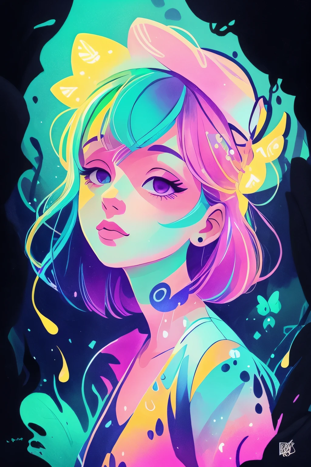 a woman,luminous design, pastel colours, ink drips, summer lights
