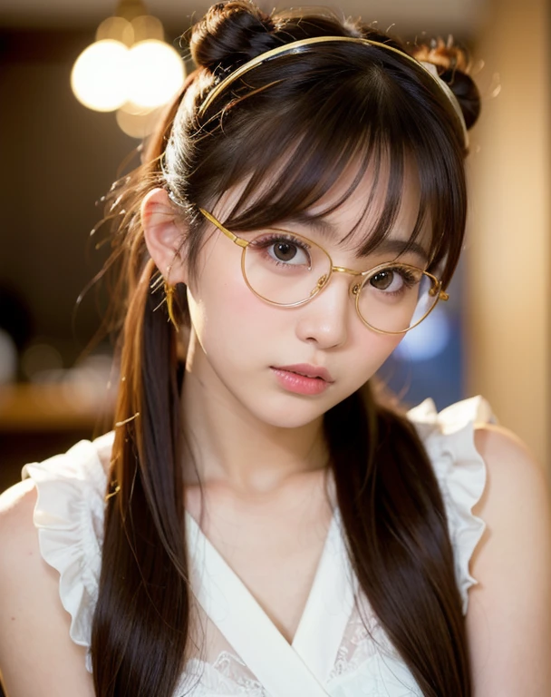 highest quality, Face Focus, Soft Light, Ultra-high resolution, (Realistic:1.4), RAW Photos,
1 Japanese girl, alone, cute, (pupil, Light in your eyes),  Beautiful face in every detail, (),(High resolution detail of human skin texture),
(Bun Hair),Round Glasses、
bar,
Damask Shirt Dress,tiara、
(Portraiture)