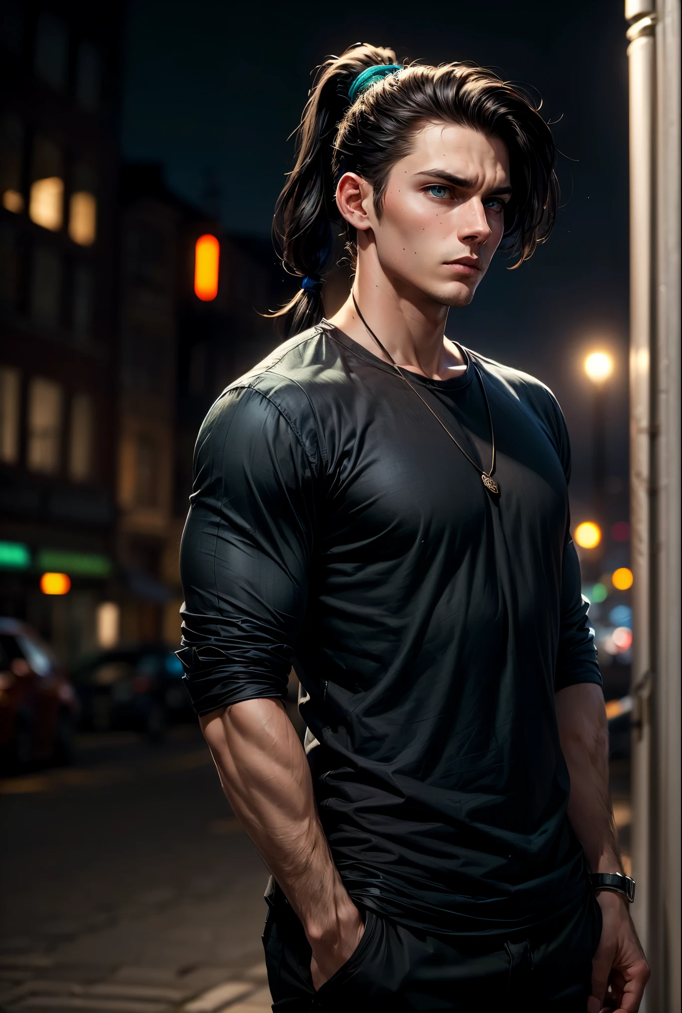 Handsome (((young man)), (((male))), intelligent, blue eyes, emerald eyes, black hair, straight hair, long hair, dark hair bound up in a ponytail, (((ponytail))), pale skin, serious expression, urban casual clothes, going through breakup, Stern fase