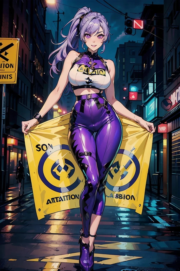 (Browsing Caution:1.7), (highest quality), (masterpiece:1.2), 8k, (High resolution, High resolution), (Photographed from the front, Professional photography, Cowboy Shot, Looking into the camera), Perfect anime illustration, Beautiful woman walking in the city, 20-year-old, ((Heavy eye makeup, Blue eyeliner, eye shadow, mascara, length eyelashes)), ((Purple eyes, fine grain, Perfect Eyes, Sharp Eye)), ((Beautiful woman, Well-formed face)), Glossy red lip, ((A revealing crop top, Underbust:1.4)), ((belly button, Tight waist, Waistline)), ((Micro Mini High Leg Pants)), ((Ultra High Leg:2.5)), Barefoot sandals, (((ponytail, Heavy bangs, Light purple long hair))), (((Light purple hair))), Sexy body, ((Big Breasts:1.6, Underbust:1.7)), ((Anatomically perfect body and limbs)), ((anatomically perfect face)), length, Thin limbs, Thin thighs, Sexy ass, Beautiful cityscape with an anime touch, Beautiful background in pale colors, ((Dynamic pose)), Sexy shot, ((Underarm, Underarm)), ((Nearly naked)), ((Very revealing and sexy outfit)), ((Naughty smile:1.2))