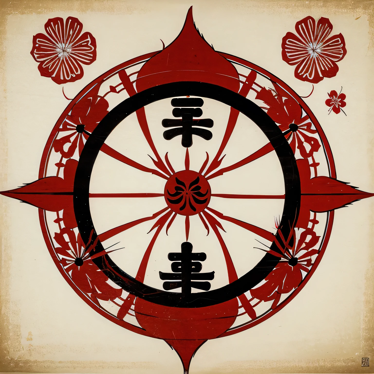 Japanese clan symbol with tomoe and red spider lilly flower