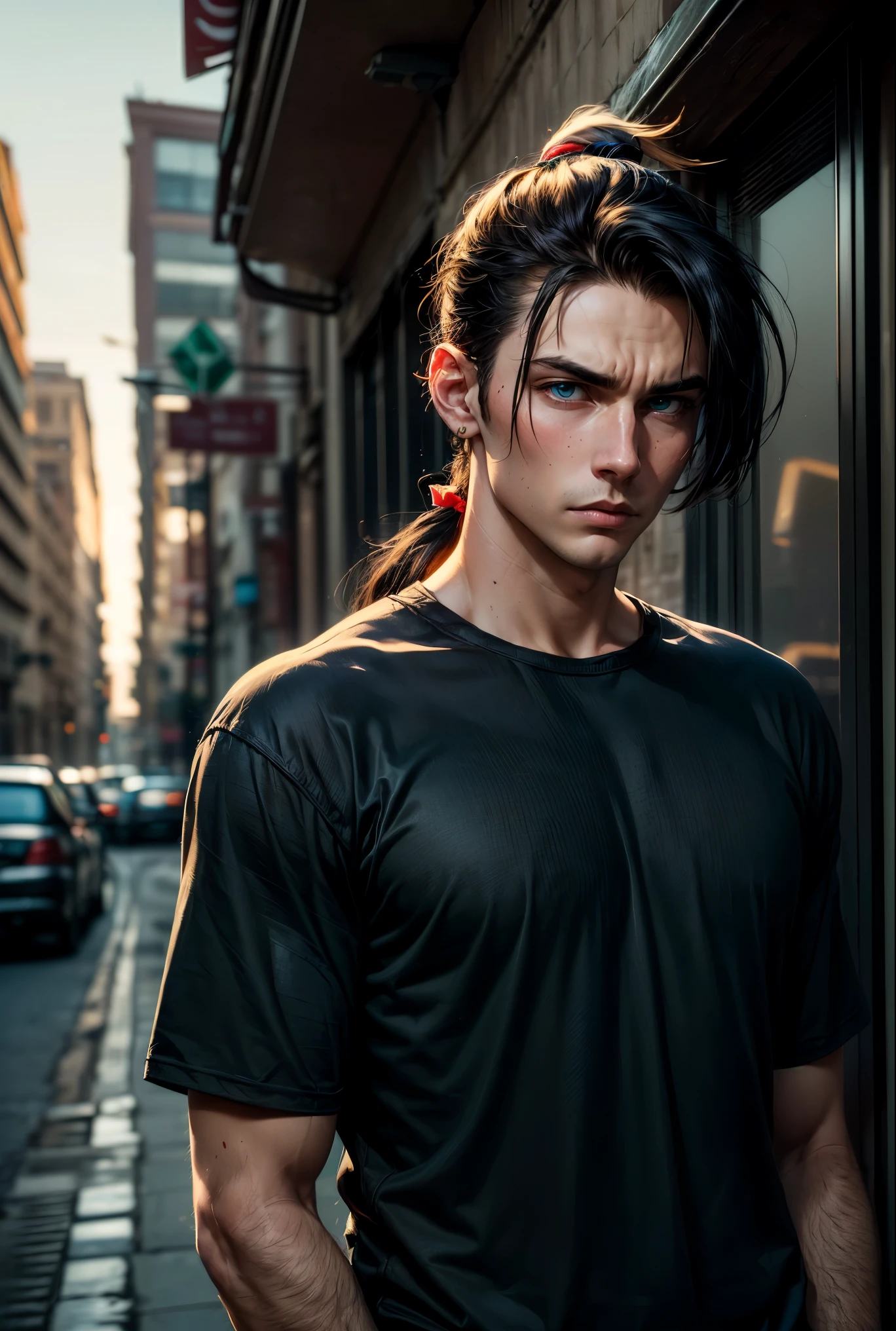 Handsome (((young man)), (((male))), intelligent, blue eyes, emerald eyes, black hair, straight hair, long hair, dark hair bound up in a ponytail, (((ponytail))), pale skin, serious expression, urban casual clothes, going through breakup, Stern fase