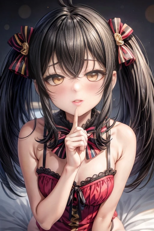 Tabletop, highest quality,  One Girl,smile,Twin tails、Have,Have bow,Black Hair,Golden Eyes、eyeball,Bedroom Background,Full nudity、The face of rutting、courtship attitude、Slender、Only the upper body is visible、Close-up、From before、slouch