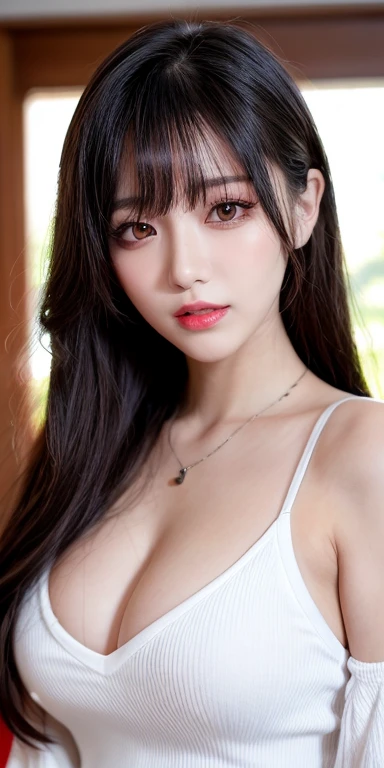 Canon RF 85mmf/1.2,masutepiece,Best Quality,超A high resolution,tu,1 girl,(Korean mixed,Kpop Idol:1.2),Solo,white_shiny_skin,Black eyes,Necklace,brown_long_Wavy_hair,Red lipstick bright_shiny_Lips,Eyelashes,Bangs,deal,make - up,shiny,Pore,skin texture,Bracelet,off shoulders,See-through,Big breasts