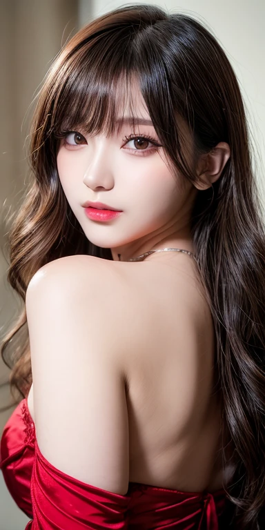 Canon RF 85mmf/1.2,masutepiece,Best Quality,超A high resolution,tu,1 girl,(Korean mixed,Kpop Idol:1.2),Solo,white_shiny_skin,Black eyes,Necklace,brown_long_Wavy_hair,Red lipstick bright_shiny_Lips,Eyelashes,Bangs,deal,make - up,shiny,Pore,skin texture,Bracelet,off shoulders,See-through,Big breasts
