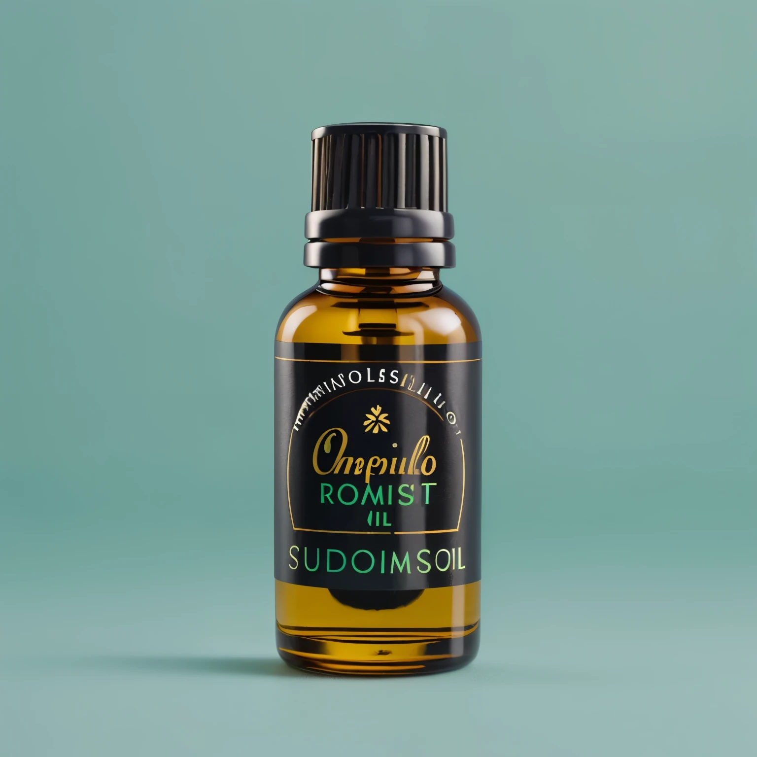 photorealistic product photography, studio lighting, showcasing Premium Essential oil bottle, black lid, masterpiece, best quality, minimalist. peppermint color background