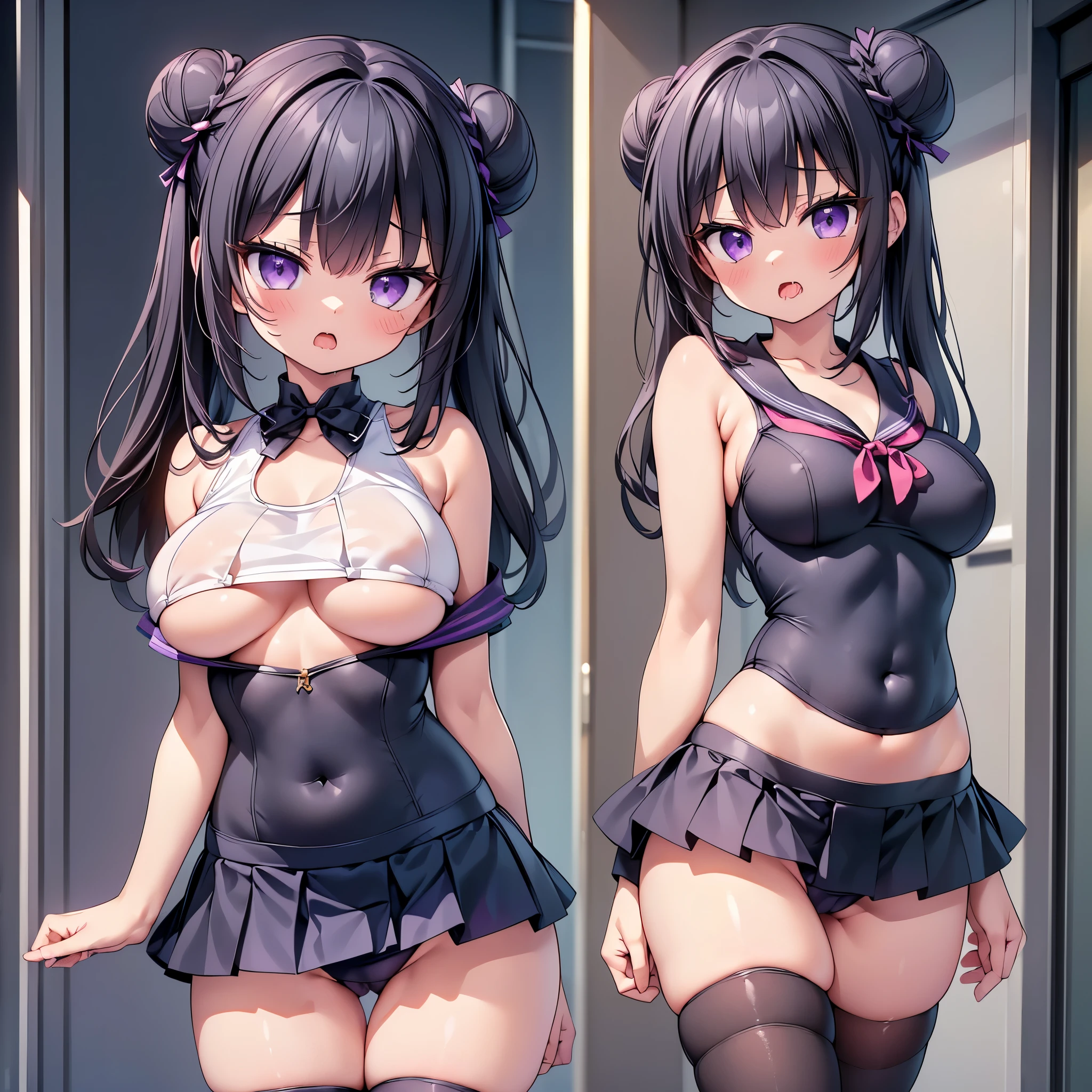 highest quality,wonderful,finely,extremely detailed CG Unity 8K wallpaper, (1 Girl,Black Hair, Purple Eyes, double bun), (midium breasts:1.2), (school swimsuit:1.1), (Bare shoulders:1.1), (clavicle:1.1), (Underboob:1.3), (open mouth:1.2), (long tongue:1.2), (mouth drool:1.2), (zettai ryouiki:1.2),(Waistline:1.2), (Are standing:1.2)