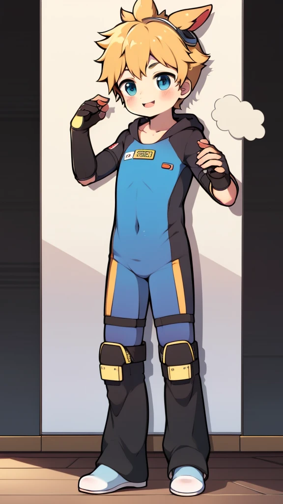 ((A young boy)),(Youthful feeling),One-piece mountaineering suit,Slender figure,Healthy limbs,Goggles,Fingerless gloves,Cotton socks,Short sleeve,stand up,happy,Rabbit ears,Rabbit Tail