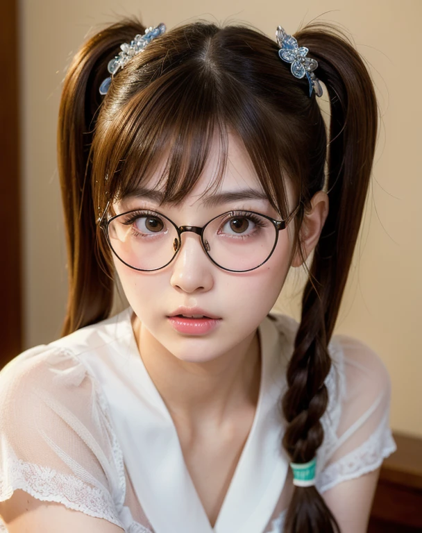 highest quality, Face Focus, Soft Light, Ultra-high resolution, (Realistic:1.4), RAW Photos,
1 Japanese girl, alone, cute, (pupil, Light in your eyes), Beautiful face in every detail, (),(High resolution detail of human skin texture),
(Twin tails),Round Glasses、
bar,
Damask Shirt Dress,tiara、
(Portraiture)