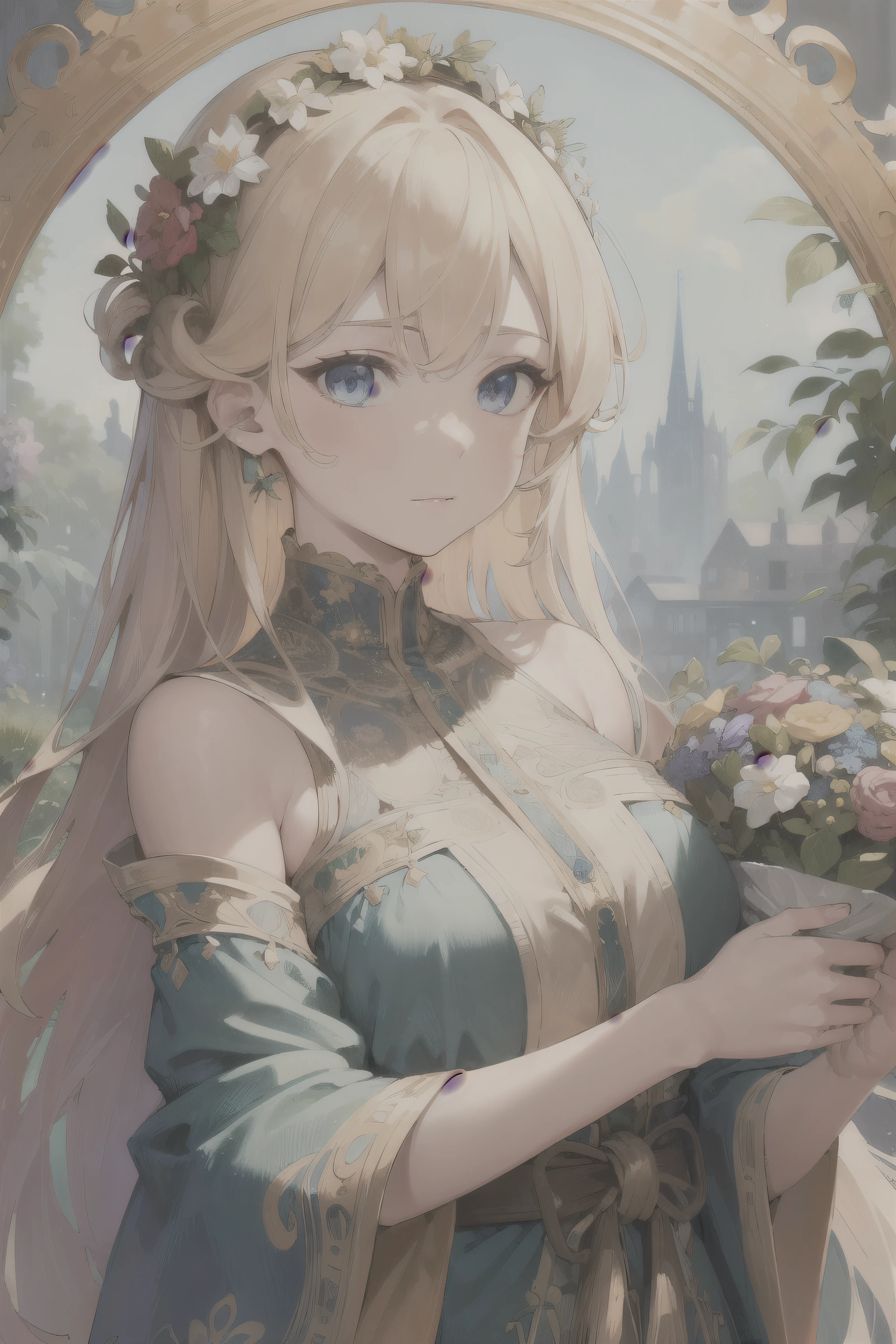 Face portrait of a European woman with long, blonde curls cascading down her shoulders. The portrait is framed by a delicate wreath of wildflowers and surrounded by decorative panels with abstract patterns in a soft, dreamlike style.  (Masterpiece, Best Quality, Highres:1.4), Detailed, Intricate Details, 4K, with splashes of vibrant colors reminiscent of Alphonse Mucha's work. Emphasize the Fibonacci sequence in the composition of the portrait and decorative elements.