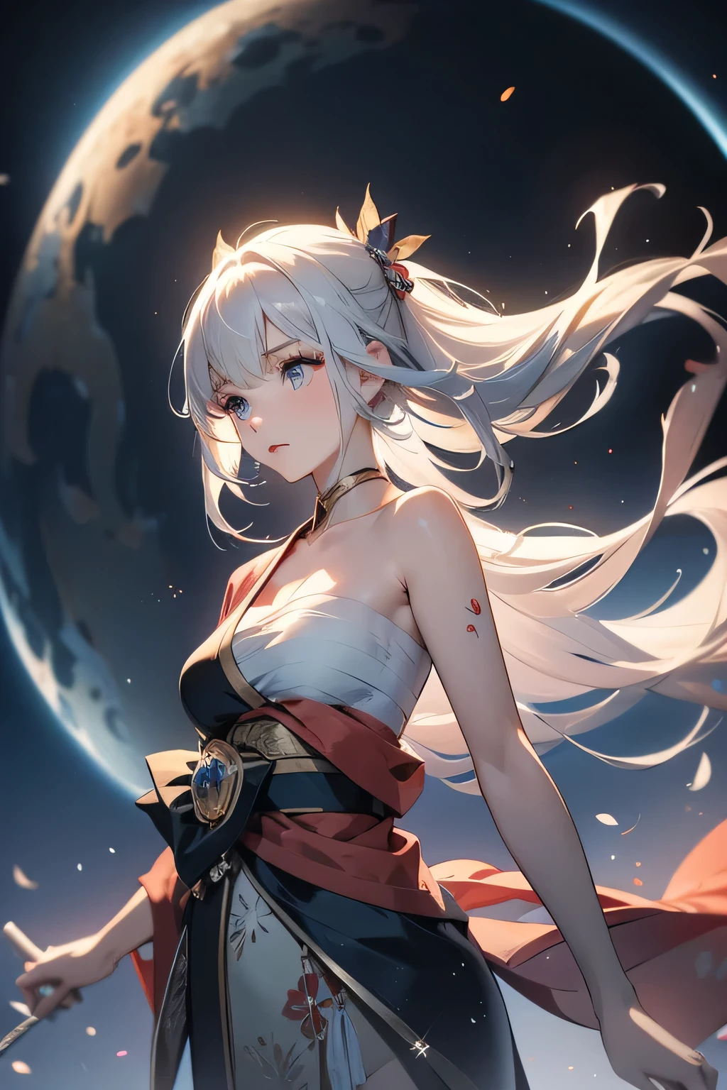 (masterpiece, best quality, dutch angle)(1girl, solo)(white hair,Lapis Lazuli Eyes,Straight long hair)(sarashi,japanese clothes,one shoulder、Wear one kimono:1.4、Long length kimono、One shoulder exposed)(Serious expression, Woman holding a sword:1.3、floating hair)(Japan Mansion、Mystical Night、Particles of light float around the woman、Fantastic atmosphere)
