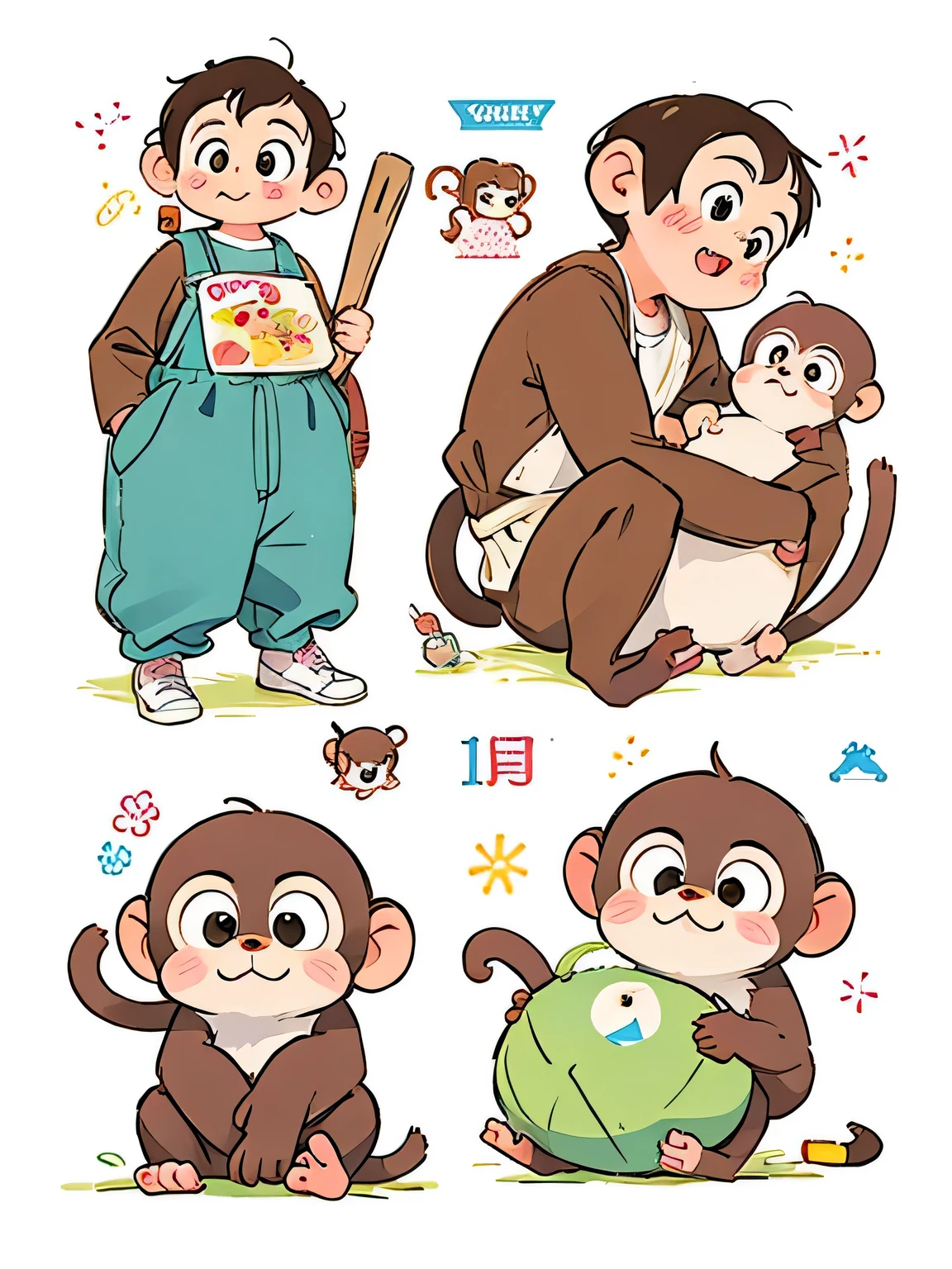 Norman Rockwell Style, Kawaii Design, mascot, only cute monkey,