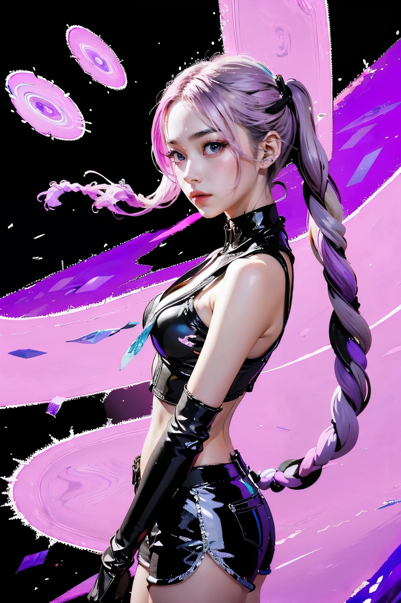 Best Quality, Ultra High Resolution, Cute, (KPOP Idol), (Long Twintail), (Light Purple Hair:1), ((Big Eyes)), Looking at you,
BREAK ((upper body:1.3)), Front View,A character with long, flowing silver hair and a slender build, wearing a black and white outfit that includes thigh-high boots and gloves. The character is in a dynamic pose surrounded by ethereal purple crystals and energy,
The character is in a dynamic pose surrounded by ethereal purple crystals and energy,A character with long, flowing purple hair, wearing a metallic top and black shorts with thigh-high boots. The outfit includes straps and belts, giving it a futuristic or fantasy style. The character is in a dynamic pose with radiant light or energy surrounding them, set against a minimalistic abstract background,