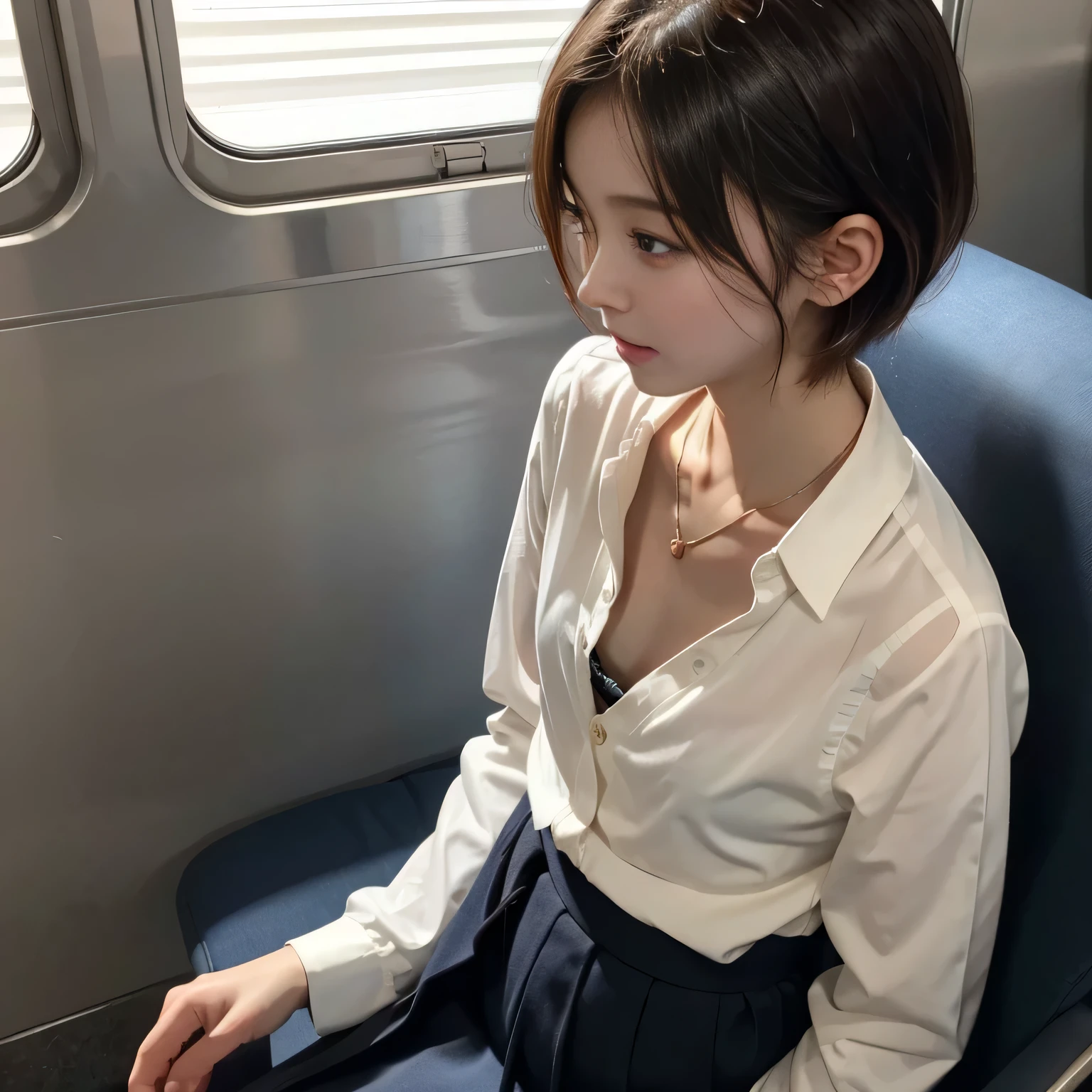 best quality, ultra highres, ultra detailed skin, physically-based rendering,downblouse,( japanese girl , decorated detailed bra, buttoned shirt, school uniform, small breasts, voluptuous, ),(beautiful background:1.2), in train, short hair, necklace, see through bra,looking away