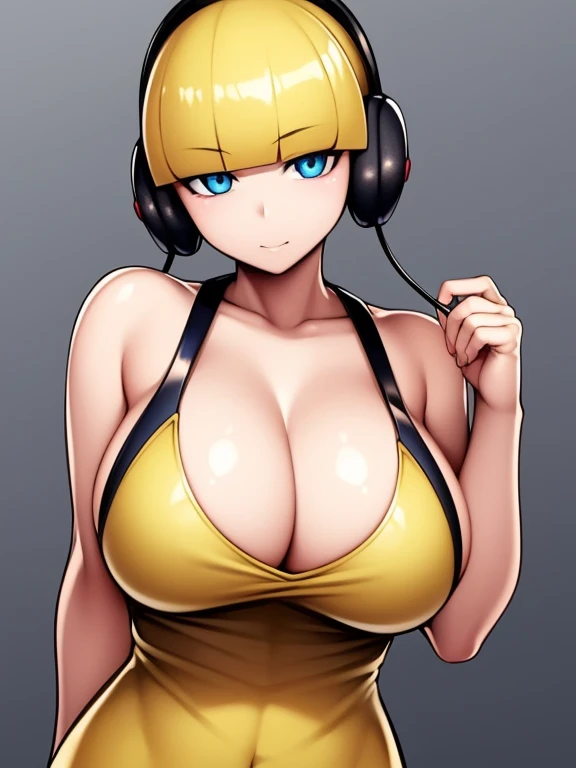 Solo, masterpiece, perfect face, perfect eyes, ((elesa pokemon)), blond hair, bobcut, yellow sleeveless dress, headphones, modelshoot, gigantic breasts