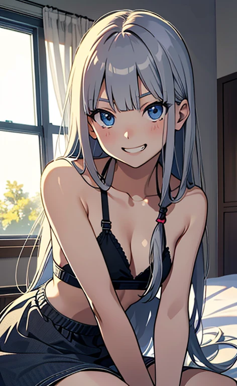 (masterpiece:1.4、top-quality、illustration:,realistic、)、(character focus、,upper body:1.3)、(1girl),(grin:1.3),(exact limbs:1.4),cute face,blue eyes、(tareme:1.3)、(),
(),(sit on the bed:1.4),、
(grey hair),(long hair:1.5)、
,(her room:1.3),(casual fashion:1.5),
(blunt bangs),(sidelocks:1.3), (small breasts:1.2)、
、slender、