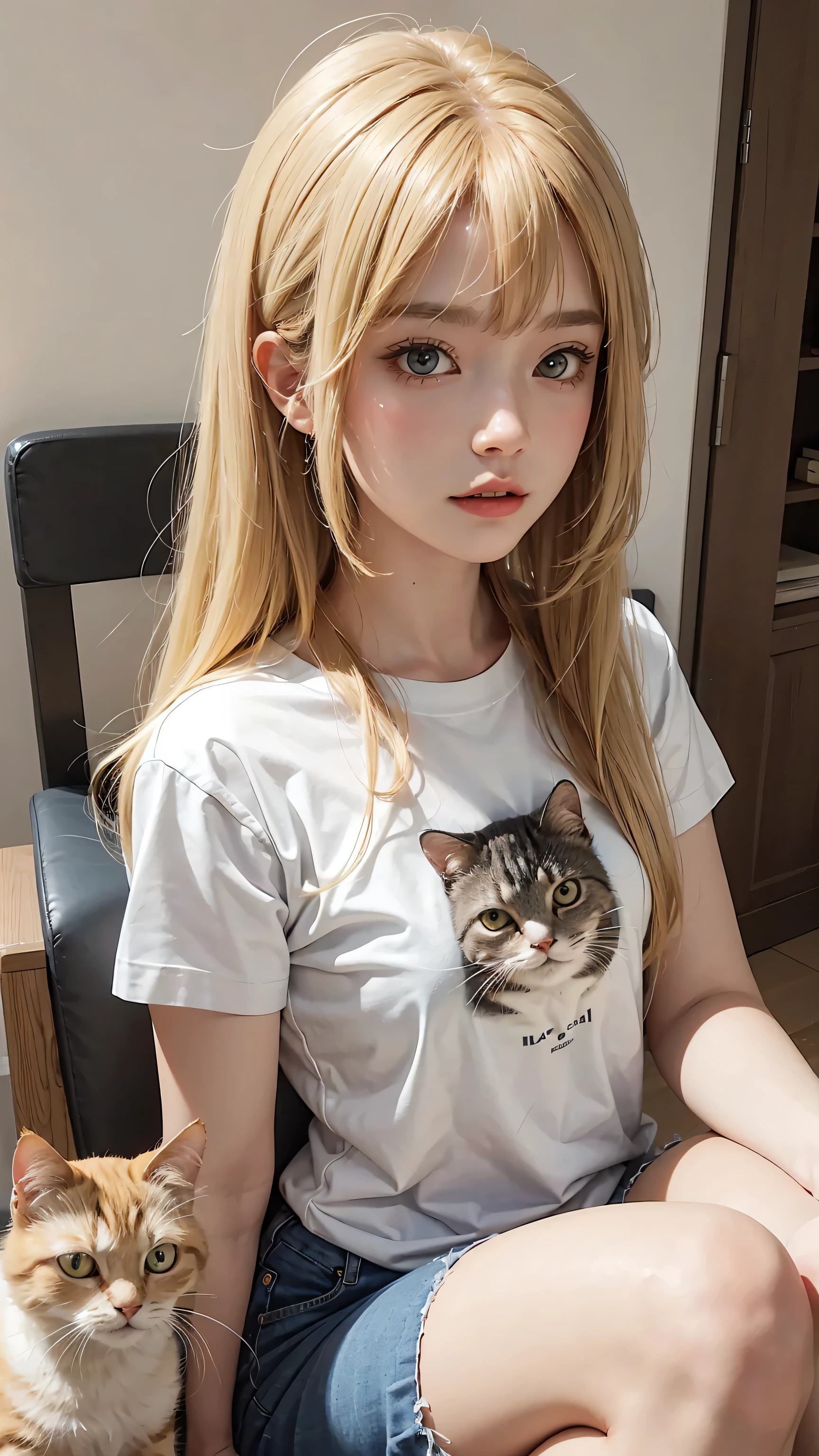 Masterpiece, best quality, super fine, 16k, medium hair, blonde color hair, T-shirt with cat illustration,