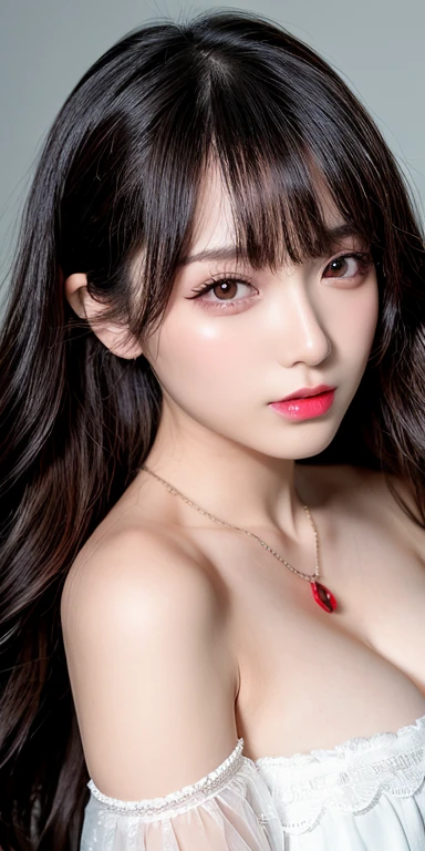 Canon RF 85mmf/1.2,masutepiece,Best Quality,超A high resolution,tu,1 girl,(Korean mixed,Kpop Idol:1.2),Solo,white_shiny_skin,Black eyes,Necklace,brown_long_Wavy_hair,Red lipstick bright_shiny_Lips,Eyelashes,Bangs,deal,make - up,shiny,Pore,skin texture,Bracelet,off shoulders,See-through,Big breasts