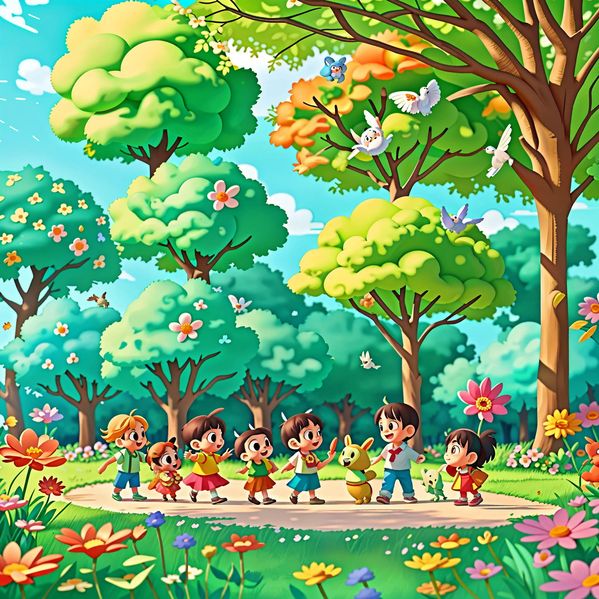 "Illustrate a group of children playing with their talking animal friends in a park full of flowers.