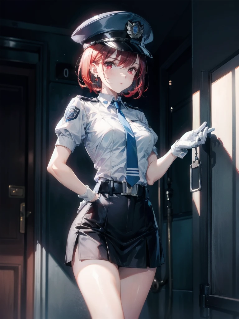 policewoman uniform, light blue short sleeved shirt, navy necktie, high waisted miniskirt, belt, white gloves, police hat, handcuffs, absurdres, RAW photo, extremely delicate and beautiful, masterpiece, Best Quality, ultra high resolution, 32k, hyperrealistic, ultra-detailed, detailed description, pale skin, 20 years old, tearful mole, earring, short medium hair, wavy hair, whole body shot, legs, Redhead, Red eyes,