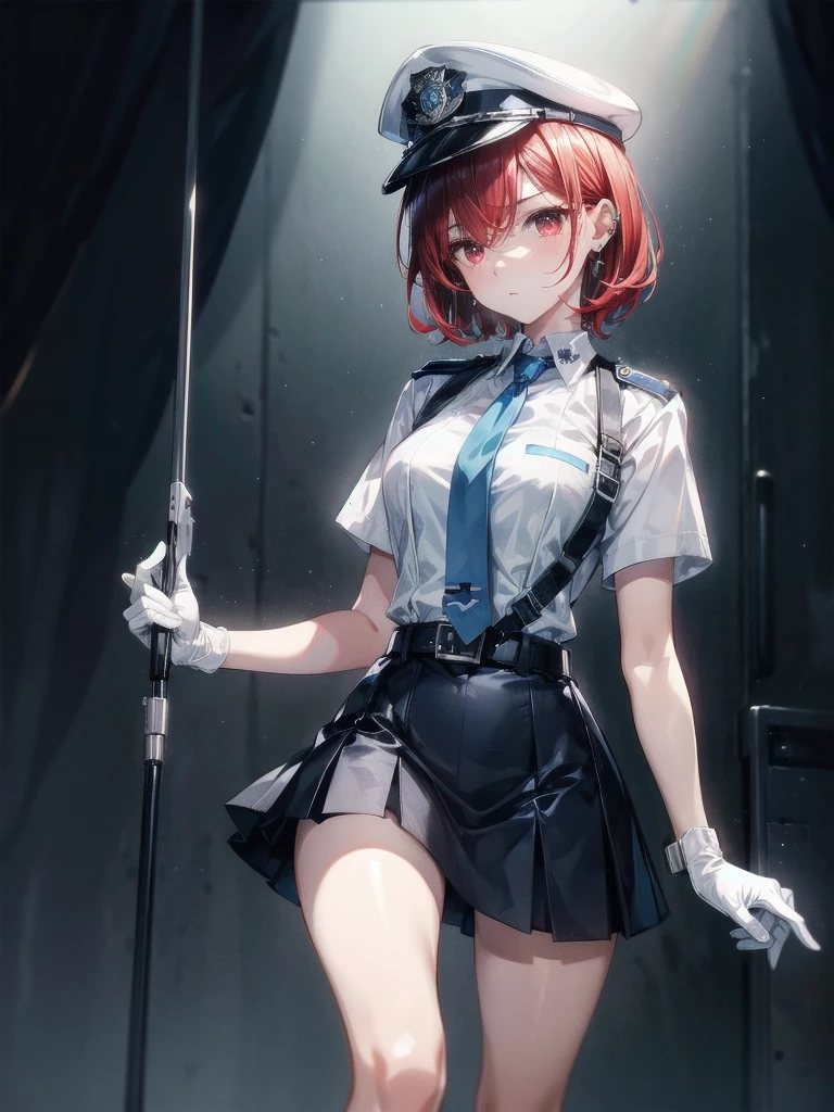 policewoman uniform, light blue short sleeved shirt, navy necktie, high waisted miniskirt, belt, white gloves, police hat, handcuffs, absurdres, RAW photo, extremely delicate and beautiful, masterpiece, Best Quality, ultra high resolution, 32k, hyperrealistic, ultra-detailed, detailed description, pale skin, 20 years old, tearful mole, earring, short medium hair, wavy hair, whole body shot, legs, Redhead, Red eyes, 