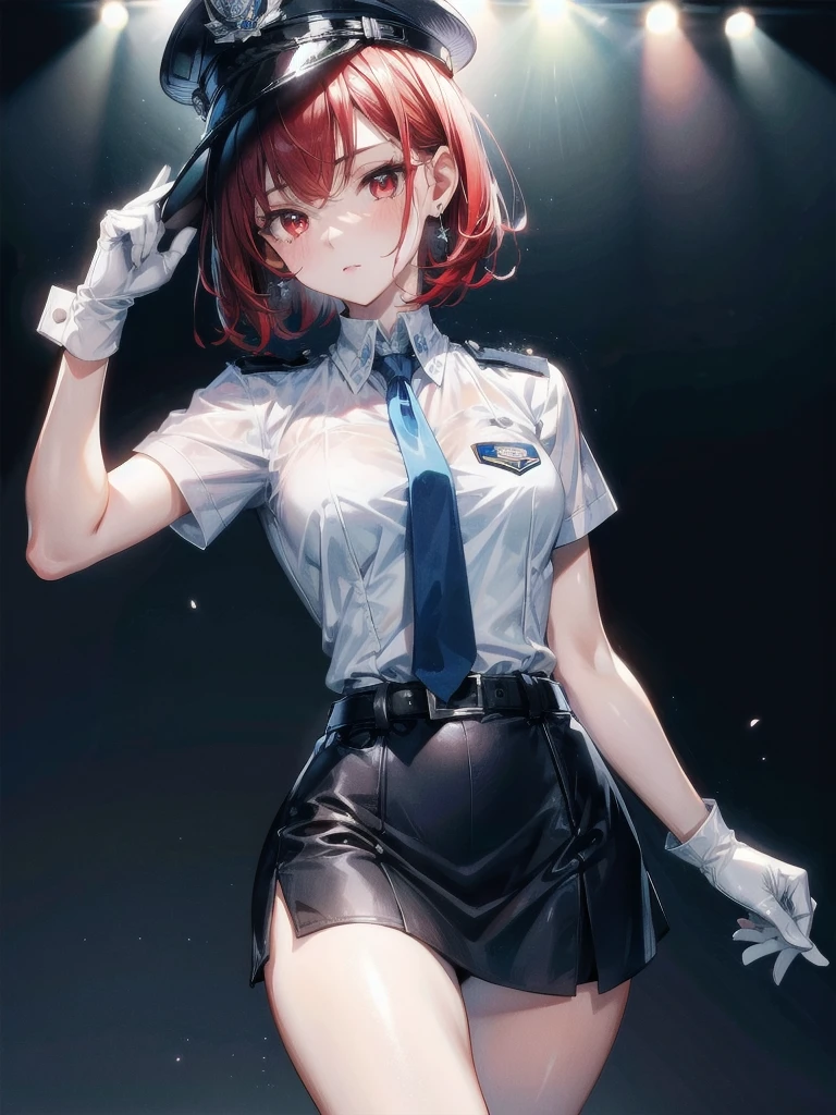 policewoman uniform, light blue short sleeved shirt, navy necktie, high waisted miniskirt, belt, white gloves, police hat, handcuffs, absurdres, RAW photo, extremely delicate and beautiful, masterpiece, Best Quality, ultra high resolution, 32k, hyperrealistic, ultra-detailed, detailed description, pale skin, 20 years old, tearful mole, earring, short medium hair, wavy hair, whole body shot, legs, Redhead, Red eyes, 