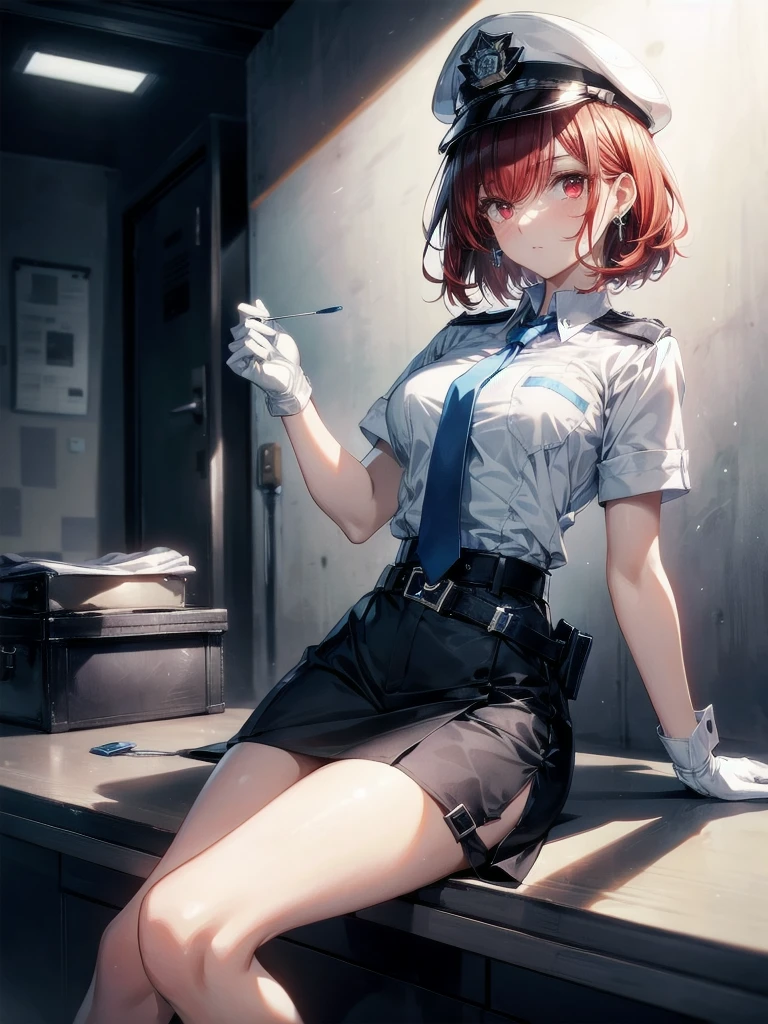 policewoman uniform, light blue short sleeved shirt, navy necktie, high waisted miniskirt, belt, white gloves, police hat, handcuffs, absurdres, RAW photo, extremely delicate and beautiful, masterpiece, Best Quality, ultra high resolution, 32k, hyperrealistic, ultra-detailed, detailed description, pale skin, 20 years old, tearful mole, earring, short medium hair, wavy hair, whole body shot, legs, Redhead, Red eyes, 