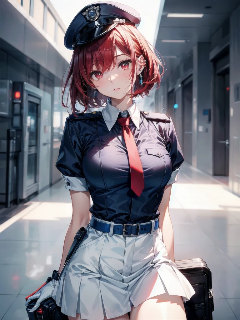 policewoman uniform, light blue short sleeved shirt, navy necktie, high waisted miniskirt, belt, white gloves, police hat, handcuffs, absurdres, RAW photo, extremely delicate and beautiful, masterpiece, Best Quality, ultra high resolution, 32k, hyperrealistic, ultra-detailed, detailed description, pale skin, 20 years old, tearful mole, earring, short medium hair, wavy hair, whole body shot, legs, Redhead, Red eyes,