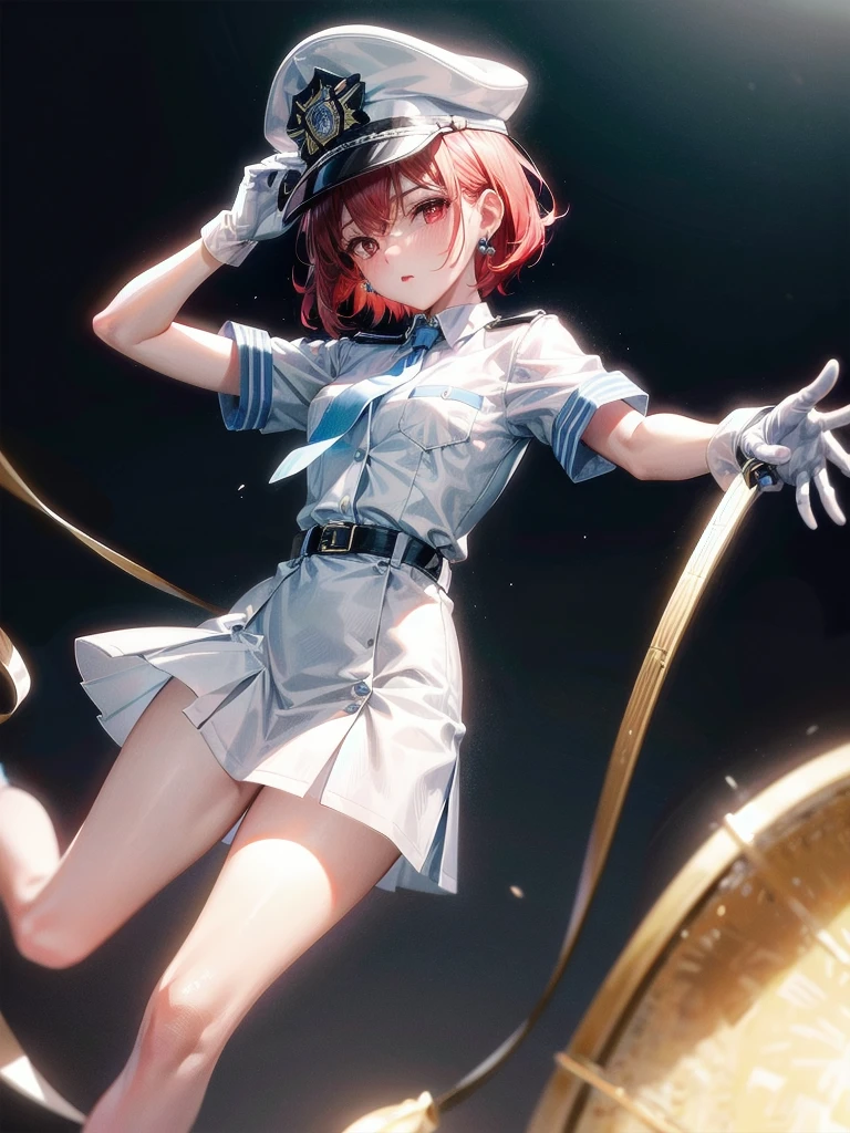 policewoman uniform, light blue short sleeved shirt, navy necktie, high waisted miniskirt, belt, white gloves, police hat, handcuffs, absurdres, RAW photo, extremely delicate and beautiful, masterpiece, Best Quality, ultra high resolution, 32k, hyperrealistic, ultra-detailed, detailed description, pale skin, 20 years old, tearful mole, earring, short medium hair, wavy hair, whole body shot, legs, Redhead, Red eyes,