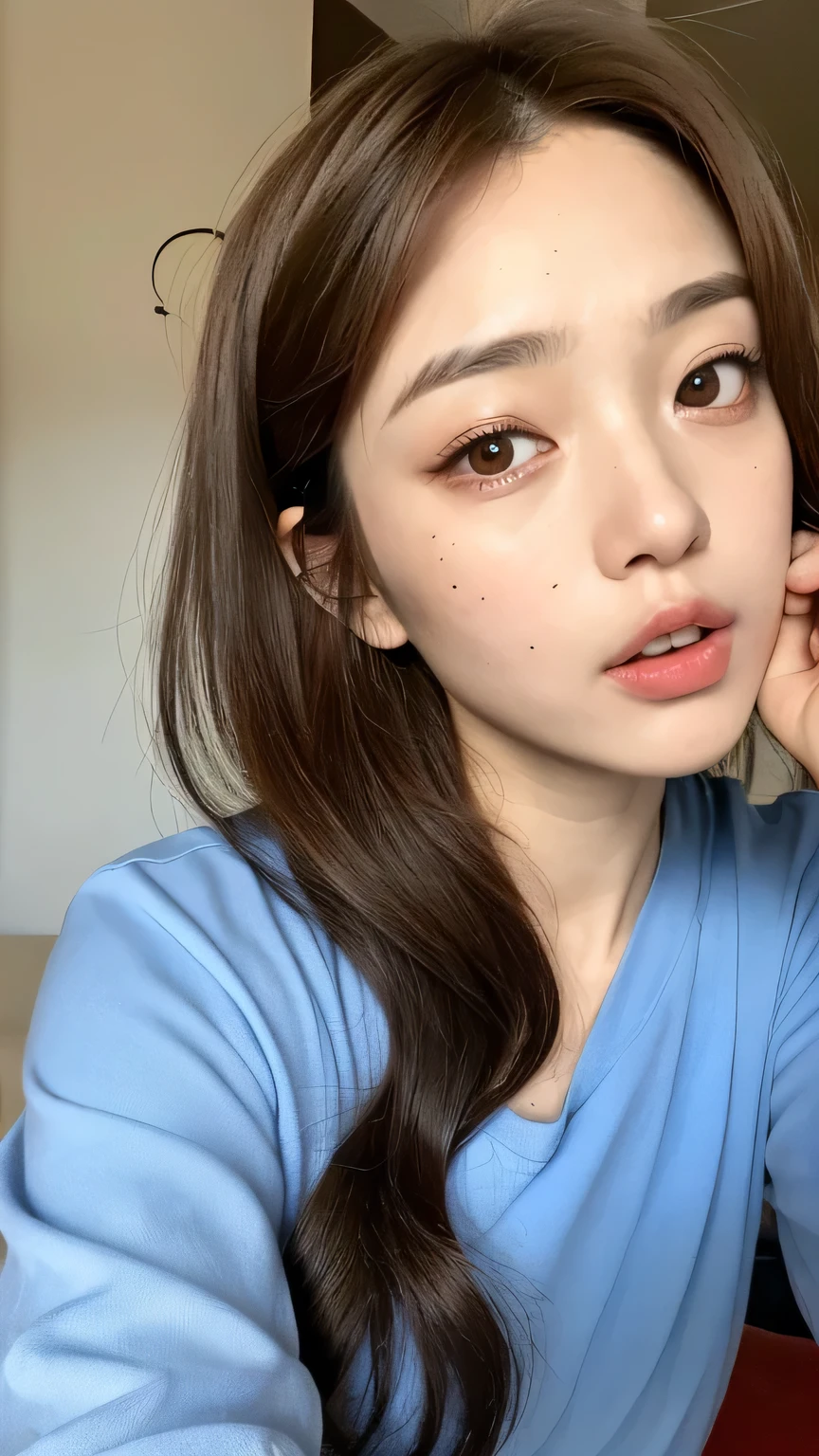 ((highest quality, 8k, masterpiece: 1.3)), 1 female, Japanese Mature,Sensual beauty: 1.3, (Hair style Brown hair Medium wave, big: 1.2), Nightwear: 1.1, Super slender face, Delicate eyes, double eyelid, (((Open your mouth,Surprised expression,)))Mole, Home,Plump body,very thick legs,Shot from directly above,Mouth wide open,