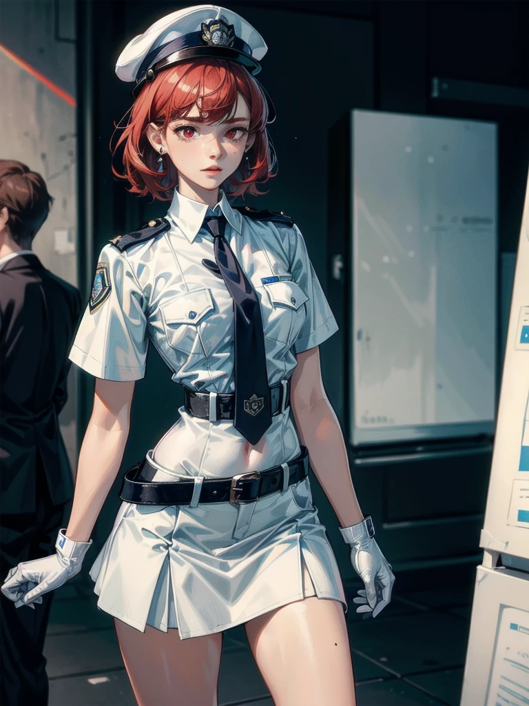 policewoman uniform, light blue short sleeved shirt, navy necktie, high waisted miniskirt, belt, white gloves, police hat, handcuffs, absurdres, RAW photo, extremely delicate and beautiful, masterpiece, Best Quality, ultra high resolution, 32k, hyperrealistic, ultra-detailed, detailed description, pale skin, 20 years old, tearful mole, earring, short medium hair, wavy hair, whole body shot, legs, Redhead, Red eyes,