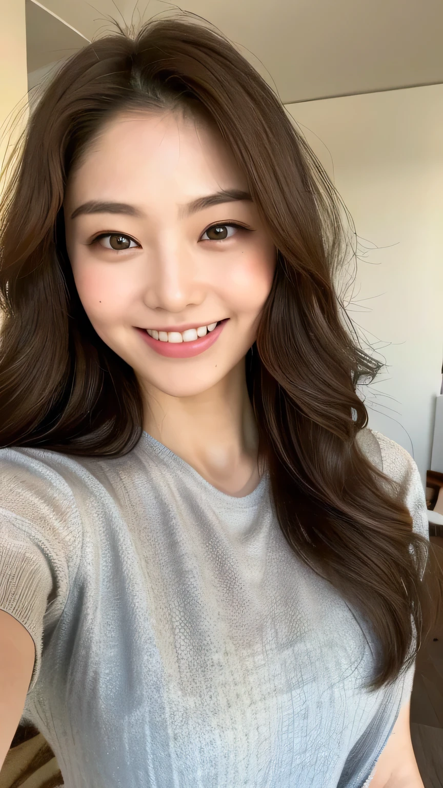 ((highest quality, 8k, masterpiece: 1.3)), 1 female, Japanese Mature,Sensual beauty: 1.3, (Hair style Brown hair Medium wave, big: 1.2), Nightwear: 1.1, Super slender face, Delicate eyes, double eyelid, (((Open your mouth,Smiling face,)))Mole, Home,Plump body,very thick legs,Shot from directly above,Mouth wide open,