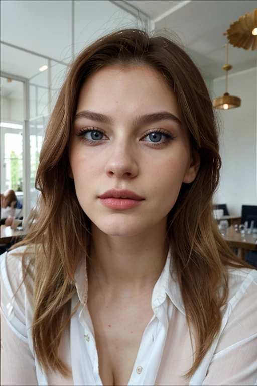 Jeune russe de 25ans, cheveux long blond, detailed face, yeux bleus clair, grosse levre, corps naturels , dans un cafe, Lipstick, visage fin, taille fine , reflections of light on his face, dressed in white blouse