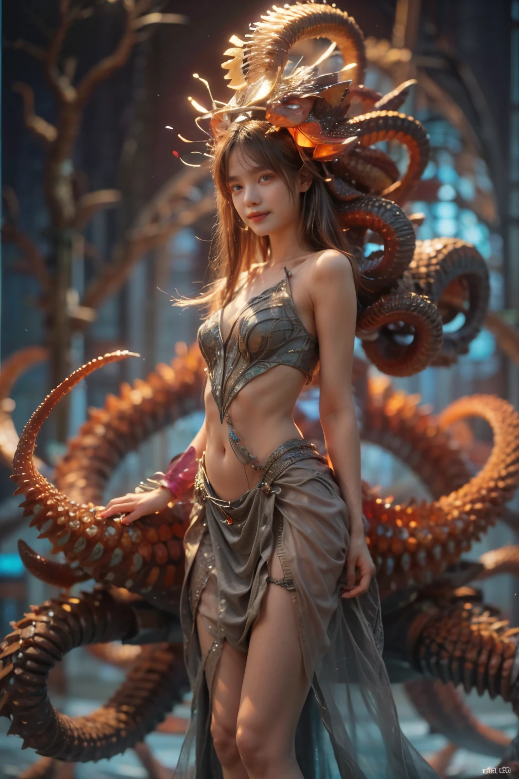 scary and sexy detailed art in color, Portrait, (beautiful and obscene female alien:1.4), (vulgarity1.5), (she has red eyes with no pupils:1.8), (Translucent skin:1.7),  (There is a female genital-like organ in the middle of the forehead:1.9), (The most beautiful face in the history of the universe:1.2),an evil gaze that seduces, (large mouth:1.1), (sharp teeth like a vampire:1.2), Full body portrait, (bio luminescent:1.5), (Smile wickedly:1.3),  (sexypose:1.5), alien, No humans, cells are fused, (Lots of translucent tentacles:1.3) extraterrestrial, cell, bio image, best quality, 8K,In 4K_quality, High freshness, Dramatic Lighting, masutepiece:1.5,cinematic quality, detail up, (exquisite details:1.2), high resolution, High freshness, drawing faithfully, (Thick eyebrows:1.2), Beautiful eyes with fine symmetry,(Highly detailed face and eyes:1.2), Intimate face, (Super detailed skin quality feeling:1.4), perfect anatomy,  (Beautiful toned body:1.5),  (Moist skin:1.2), not wearing makeup, (dark circles:1.1), long canines, cinematic drawing of characters, ultra high quality model, cinematic quality, detail up, (exquisite details:1.2), high resolution, High freshness, drawing faithfully, official art, Unity 8K Wall  , 8K Portrait, best quality, Very high resolution, ultra detailed artistic photography, midnight aura,  unreal engine 5, Ultra Sharp Focus, best quality, masterpiece, ultra high resolution, (photos realistic:1.4), ultra realistic realism, dream-like, nautilus, Creation of fantasy, Snail, Dream Snail, (biopunk nautilus:1.3),Thrilling color schemes, ultra realistic realism, seductively smiling, (Blue crab),