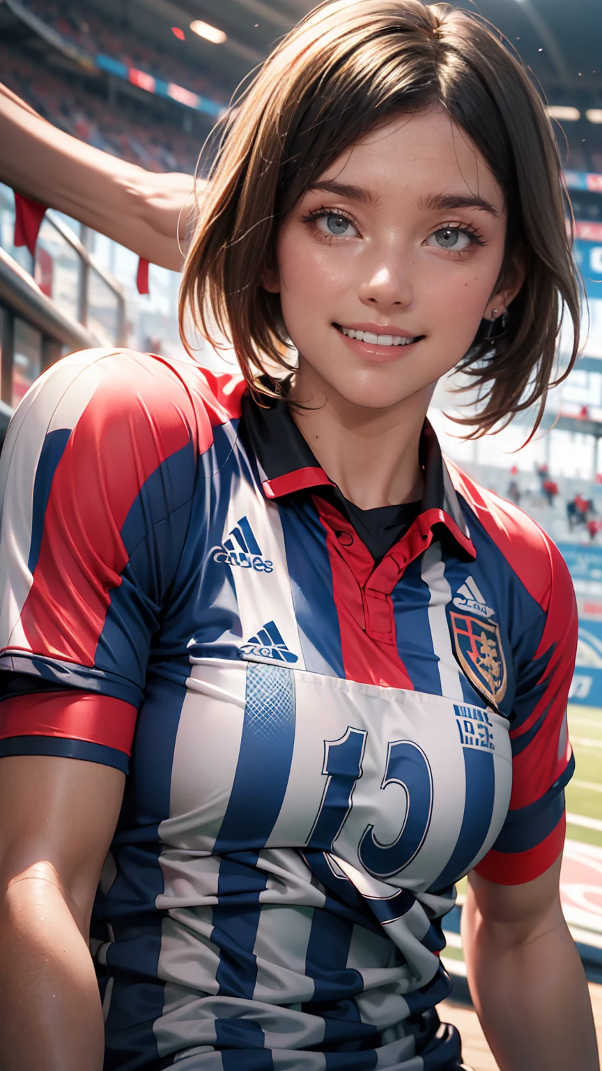 (Gray background:1.5, Close-up shot:1), (Realistic:1.4), (highest quality:1.0), (Ultra-high resolution:1.0), 8k, RAW Photos, (masterpiece:0.2), One girl, Beautiful Skin, Detailed skin, Big smile, teeth, (short hair:1), (Soccer uniforms:1.2)