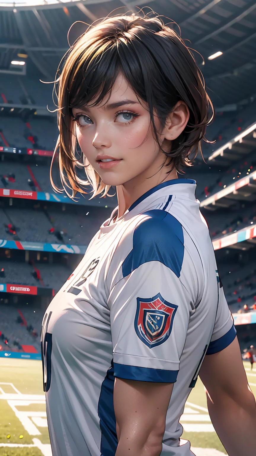 (Gray background:1.5, Close-up shot:1), (Realistic:1.4), (highest quality:1.0), (Ultra-high resolution:1.0), 8k, RAW Photos, (masterpiece:0.2), One girl, Beautiful Skin, Detailed skin, Big smile, teeth, (short hair:1), (Soccer uniforms:1.2)