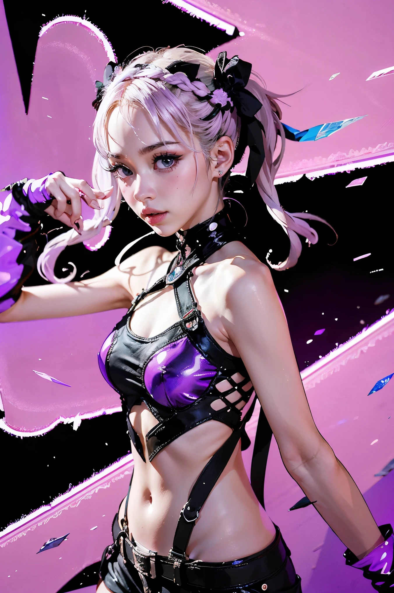 Best Quality, Ultra High Resolution, Cute, (KPOP Idol), (Long Twintail), (Light Purple Hair:1), ((Big Eyes)), Looking at you,
BREAK ((upper body:1.3)), Front View,A character with long, flowing silver hair and a slender build, wearing a black and white outfit that includes thigh-high boots and gloves. The character is in a dynamic pose surrounded by ethereal purple crystals and energy,
The character is in a dynamic pose surrounded by ethereal purple crystals and energy,A character with long, flowing purple hair, wearing a metallic top and black shorts with thigh-high boots. The outfit includes straps and belts, giving it a futuristic or fantasy style. The character is in a dynamic pose with radiant light or energy surrounding them, set against a minimalistic abstract background,