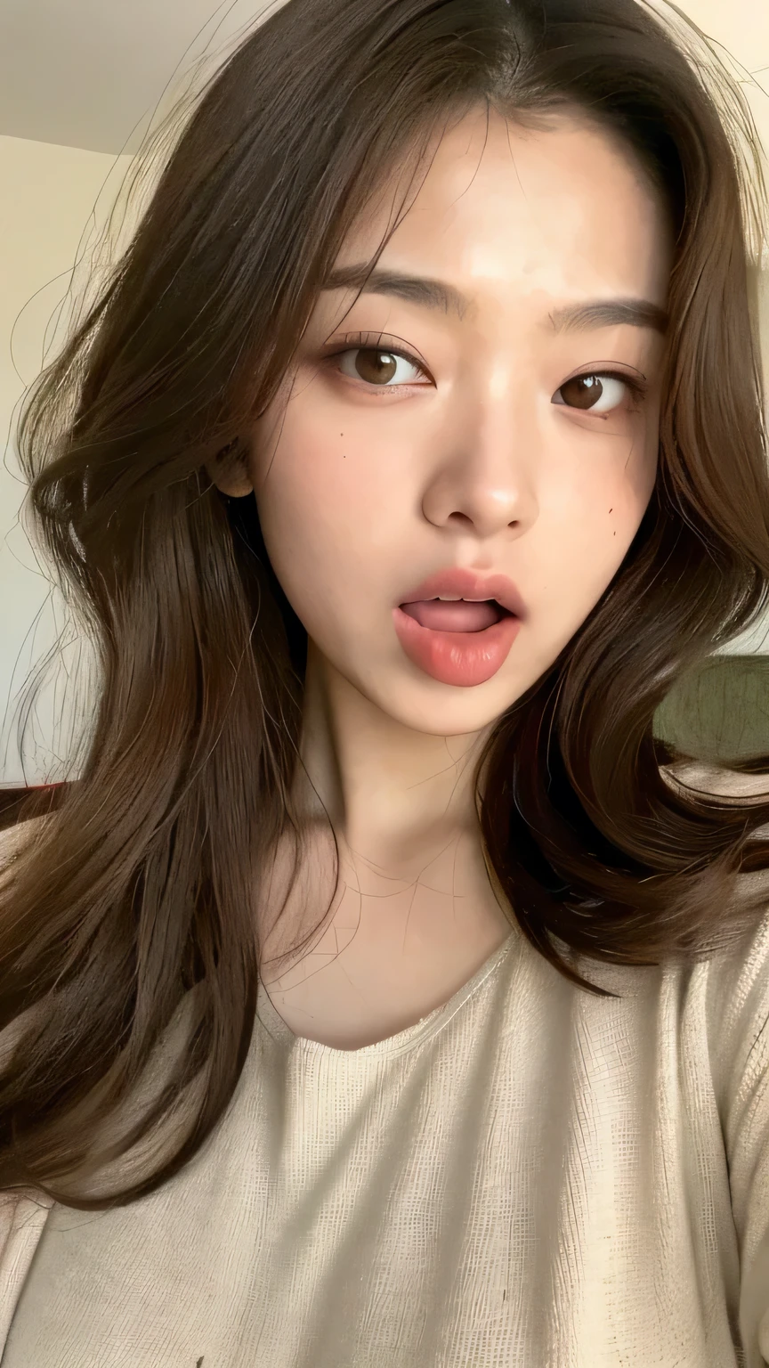 ((highest quality, 8k, masterpiece: 1.3)), 1 female, Japanese Mature,Sensual beauty: 1.3, (Hair style Brown hair Medium wave, big: 1.2), Nightwear: 1.1, Super slender face, Delicate eyes, double eyelid, (((Open your mouth,Surprised expression,)))Mole, Home,Plump body,very thick legs,Shot from directly above,Mouth wide open,