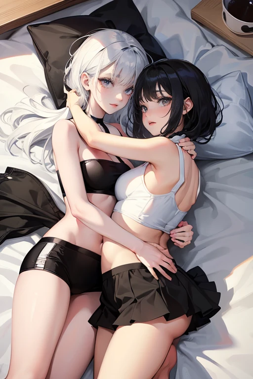 2girl,cute black hair girl and cool white hair girl,under wear,on the bed,hug