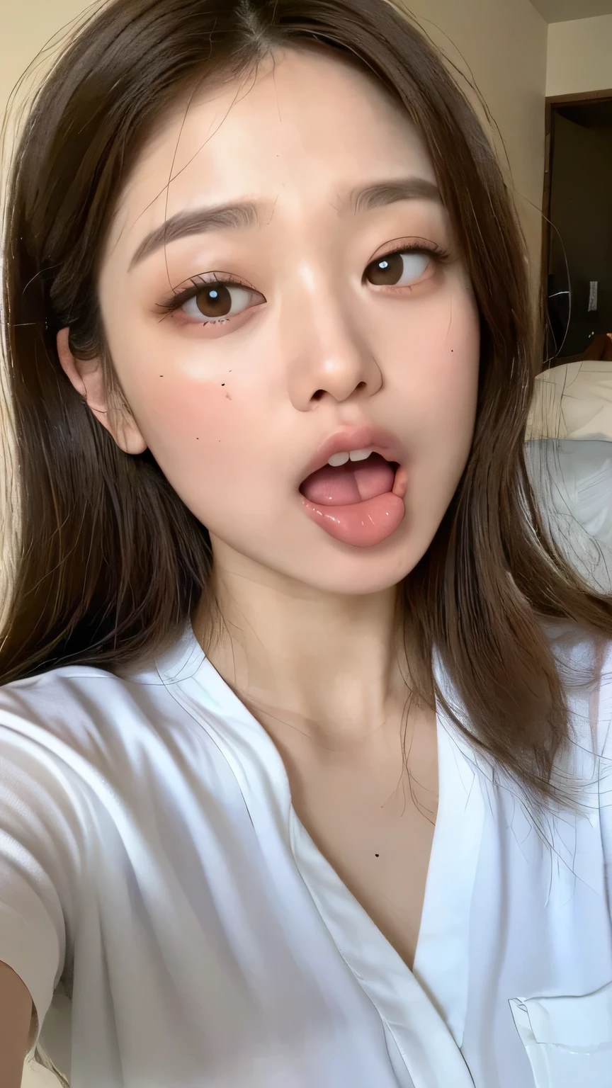 ((highest quality, 8k, masterpiece: 1.3)), 1 female, Japanese Mature,Sensual beauty: 1.3, (Hair style Brown hair Medium wave, big: 1.2), Nightwear: 1.1, Super slender face, Delicate eyes, double eyelid, (((Open your mouth,Stick your tongue out,)))Mole, Home,Plump body,very thick legs,Shot from directly above,Mouth wide open,