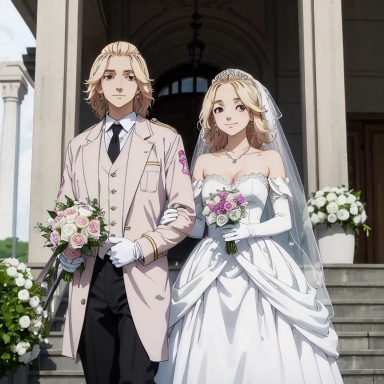 masterpiece, 1girl, 1boy, dress, two people, wedding dress, necktie, couple, smile, strapless dress, closed eyes, pants, strapless, veil, flower, long hair, holding, jewelry, gloves, shirt, necklace, bouquet, white pants, holding bouquet, white dress, blue eyes, white shirt, open jacket, holding hands, elbow gloves, white gloves, white jacket, pink necktie, bridal veil, white background, wedding, husband and wife, long sleeves, long dress, pink flower, short hair, standing, novel cover